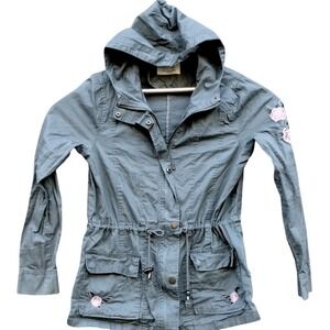 Women's Utility Anorak‎ Chore Jacket Hood Olive Green Pockets Embroidered Medium